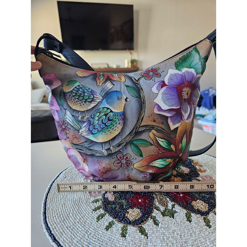 Anuschka Hand Painted Leather Hobo Bag Birds and Flowers Shoulder Purse Multi - Picture 5 of 10